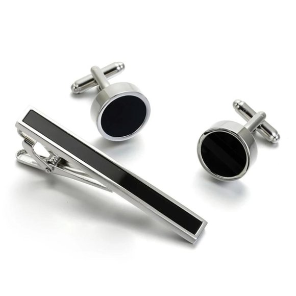 Stainless Steel Round Cuff Links Tie Clip Set - Picture 4 of 6
